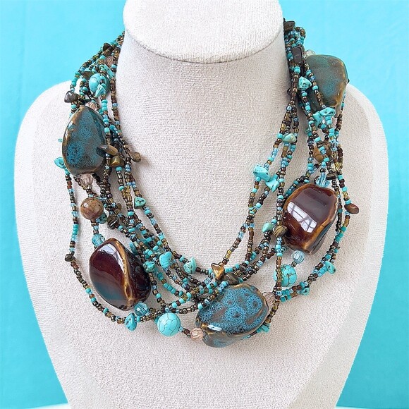 Handmade Jewelry - Multi-Strand Turquoise & Brown Beaded Gemstone Statement Necklace Extender
